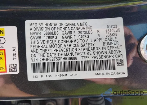 2023 Honda Civic Sport z USA, uszkodzony, nr VIN 2HGFE2F5XPH519686